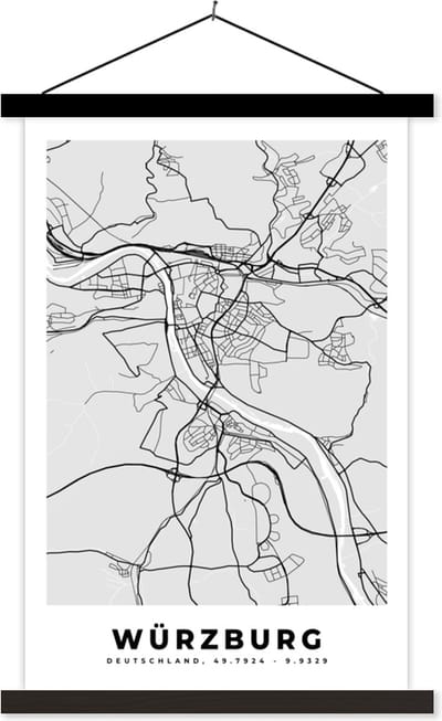 Posterhanger incl. Poster 40x60 cm - Schoolplaat - Duitsland - Stadskaart - Plattegrond - Würzburg - Kaart - Textielposter - Zwarte latten - Stadskaart