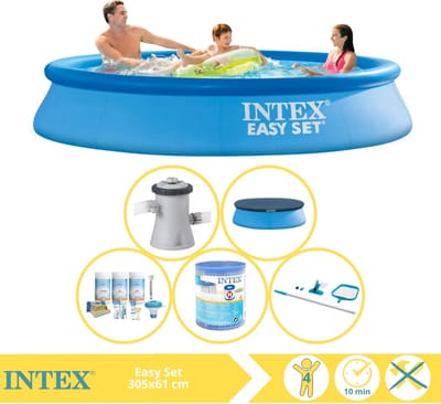 Intex Rond Opblaasbaar Easy Set Zwembad - 305 x 61 cm - Blauw - Inclusief Pomp - Afdekzeil - Onderhoudspakket - Filter - Schoonmaakset - 6-delig
