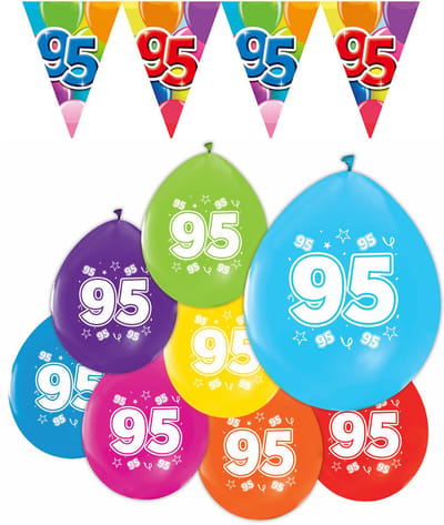 Feestpakket 95 jaar / 8 ballonnen en 1 vlaggenlijn 10 meter - Versiering Slinger Feestdecoratie Decoratie Verjaardag Jubileum Ballon Feest