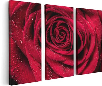 Artaza Canvas Schilderij Drieluik Rode Roos Met Waterdruppels - Bloem - 120x80 cm - Wanddecoratie Woonkamer - Schilderijen - Muurdecoratie
