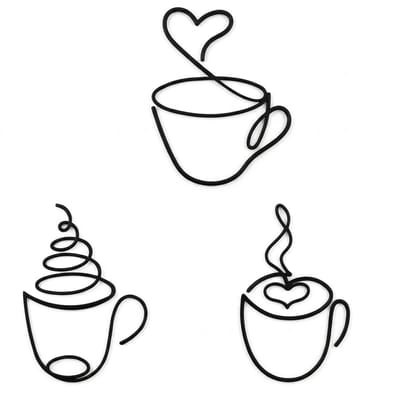 Zwart metalen wanddecoratie koffie kopjes set wandbord 3 delig minimalistisch lijn kunst muurdecoratie café stijl frameloos ijzer decor woonkamer keuken horeca