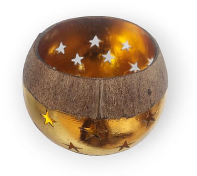 Floz Design waxinelichthouder kokosnoot en goud - geeft licht zonder brandende kaars - met brandende kaars een gaaf effect door de openingen - waxinelichtjeshouder feestdagen en kerst - goud en kokosnoot