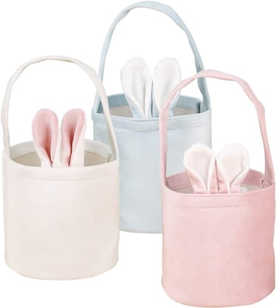 Kinder Opbergmandjes met Handvat – Set van 3 – Zachte Stoffen Mandjes met Konijnenoren – Cadeaumandjes voor Speelgoed, Snoep & Kleine Spullen