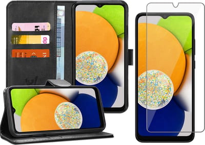 Hoesje geschikt voor Samsung A03 - Book Case Kunstleer Wallet Cover Portemonnee Pasjeshouder Hoes Zwart - Tempered Glass Screenprotector