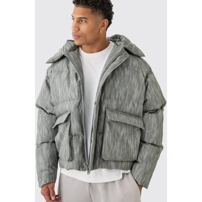 Oversized boxy gewassen PU-geweerde pufferjas met capuchon in grijs | Grey | Size XS