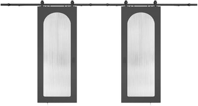 Vente-unique Dubbele schuifdeur met opbouwsysteem in hout en MDF - zwarte boog en gehard geribbeld glas - 2 x H205 x B93 cm - ODEZA