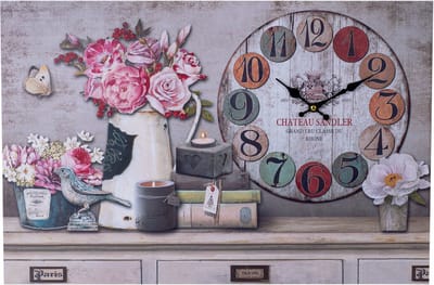 XL Canvas Schilderij Klok - Wandklok - BLOEMEN KAARSEN & BOEKEN - Schilderijen met Klok - Woonkamer - Keuken - 60x40Cm
