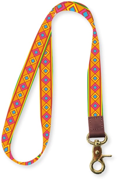 Travel Cords - Keycord Ruitjes Oranje - lanyard - draaglengte 45 cm - leer - metaal - canvas - sleutelkoord - karabijnhaak goudkleurig - sleutels - pasjes - telefoon