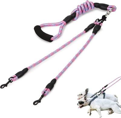 hondenriem, riem voor 2 honden, dubbele hondenriem, afneembaar, anti-klitten, comfortabele grip, looptraining voor twee middelgrote of grote honden (roze)
