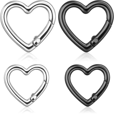 Hartvormige karabijnhaken, 4 stuks, sleutelring, hartvormige karabijnhaak, clips, kleine hartvorm, karabijnhaak voor riemketting, doe-het-zelf sleutelhanger, rugzak, 2,5/3 cm (zwart, zilver)