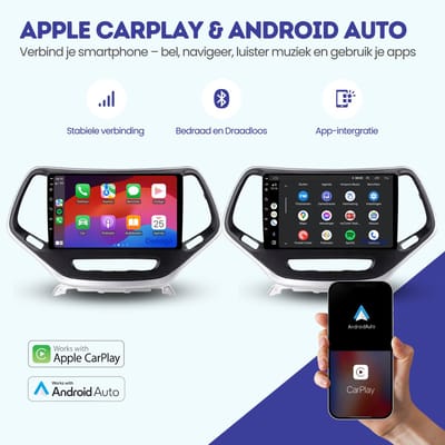 CarPlay autoradio geschikt voor Jeep Cherokee (2014 t/m 2018) | 9 inch | Android 13 | Draadloos Apple CarPlay & Android Auto | 2GB + 32GB | QuadCore processor | Denago DNG-A119 | 2025 model | 2014 2015 2016 2017 2018 | Bluetooth & Wifi