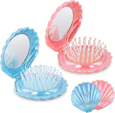 Reisborstels voor Haar, Vouwbare Pocket Haarborstel met Spiegel, Compacte Haarmassage Kam voor Vrouwen in Blauw en Roze - Ideaal voor Thuis en Op Reis
