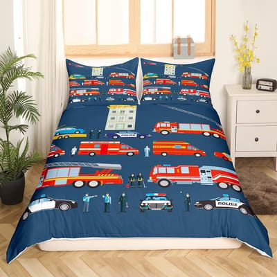 Brandweerwagen Koningin Koning Dekbedovertrek Cartoon Politieauto Beddengoed Set voor Kinderen Jongens Brandweerman Dekbedovertrek Polyester Dekbedovertrek 70x133cm 2pcs