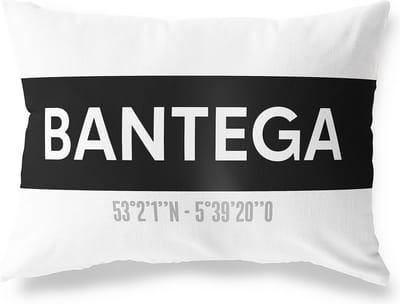 Tuinkussen BANTEGA - FRIESLAND met coördinaten - Buitenkussen - Bootkussen - Weerbestendig - Jouw Plaats - Studio216 - Modern - Zwart-Wit - 50x30cm