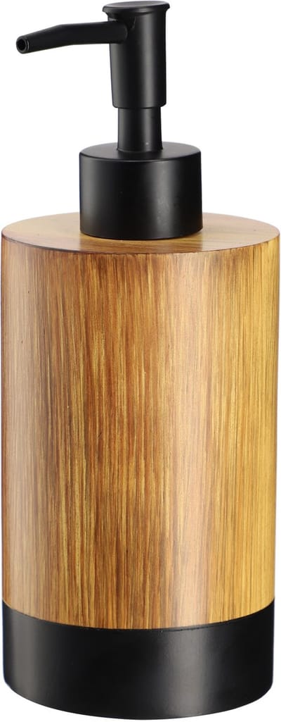KADAX Zeepdispenser, 350 ml handzeepdispenser in houtlook, zeepdispenser van kunststof, pompdispenser voor badkamer en toilet, vloeibare zeepdispenser (hout zwart)