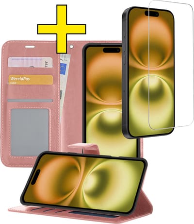 Hoesje - Met Screenprotector - Geschikt voor Apple iPhone 16 - Luxe Pasjeshouder - Bookcase Portemonee - Flip Case - Kunstleer Book Case - Flipcase - Book Cover - Walletcase - Portemonneehoes - Telefoonhoesjes - Rosé goud