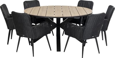 7-delige ronde tuinset | 6 Pisa tuinstoelen (Black) | ⌀150cm Cyprus tuintafel (Wood)