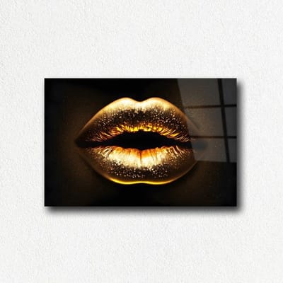 Indoorart - Glasschilderij gouden lippen 60x40 CM - Afbeelding op plexiglas - Inclusief montagemateriaal