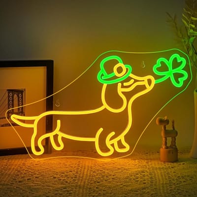 Dachshund Neon Sign - Honden Neon Licht voor Wanddecoratie - Schattige Puppy met Cowboyhoed en Klaver - LED Verlichting voor Huisdierwinkel, Slaapkamer, Feestdecoratie, Gift voor Hondenliefhebber