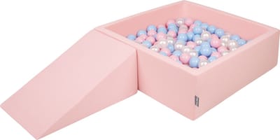 KiddyMoon Ballenbak voor kinderen 90x30cm speelset met Wig - 100 Ballen 7cm - Ballenbad baby schuim - Kunststof ballen - Schuimvulling - Roze: Babyblauw Poederroze Parel