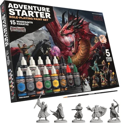 The Army Painter Gamemaster Adventure Starter Paint Set - 15 x 18 ml Warpaints Fanatic acrylverf, incl. een Brush-On Primer, 5 GRATIS miniaturen en 1 penseel - Voor Warhammer & DnD