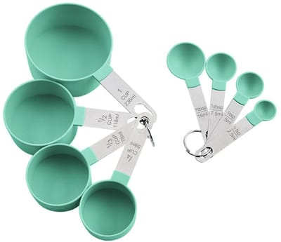 Dailygoods - 8 stuks maatlepelset, 4 maatbekers en 4 lepels met roestvrij stalen greep, maatbekers en lepels set van kunststof, beker maatbeker voor keuken koken bakken en vloeibare ingrediënten meetgereedschap