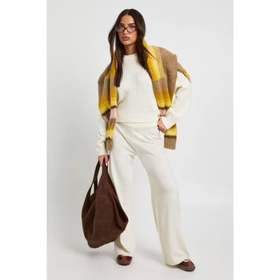 boohoo Dames Petite ronde hals trui en wijde pijpenbroek | Cream | Maat: Small