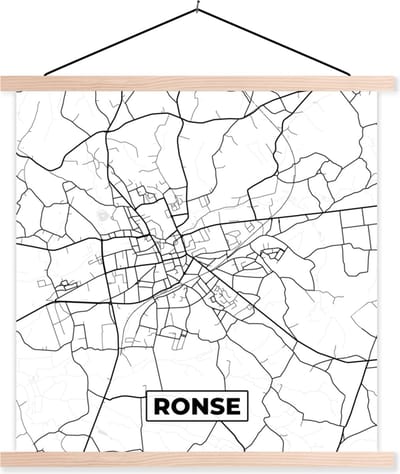 Posterhanger incl. Poster 40x40 cm - Schoolplaat - Stadskaart – Plattegrond – België – Zwart Wit – Ronse – Kaart - Textielposter - Blanke latten - Stadskaart