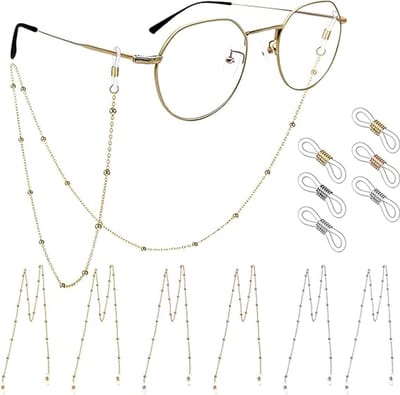 6 stuks brillenkoordjes voor dames, 69,5 cm lange kralenkoordjes voor bril- en zonnebrillen, modeaccessoires voor brillen (goud, zilver, roségoud)
