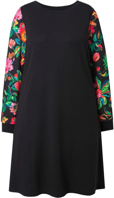 MIAMODA - Dames - Sweatjurk A-lijn lange mouw met motief - Zwart - Maat 50