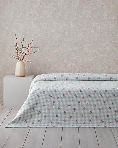 English Home - Floral Plaid Zomerdeken - Bedsprei - 100% Katoen - Eenpersoons - 150x220 cm - Groen/Blauw