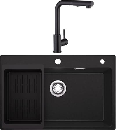 SOFETIY MAX Granieten Spoelbakken (70*45 cm)Zwart - Spoelbak Keuken Met Keukenkraan - Wasbak Keuken Met Waterafvoersysteem en Afdruiprek