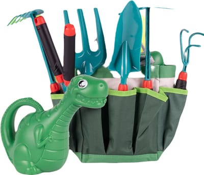 Ilso tuinierset met opbergtas kinderen - tuinier tas - handschoenen - hark - schep - dino gieter - snoeien - tuin