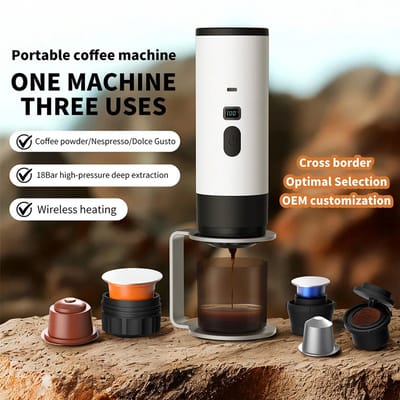 Draagbaar koffiezetapparaat 3-in-1 Wit - Oplaadbaar, draagbaar reiskoffiezetapparaat - 12V espressomachine voor capsule-Capaciteitsupgrade -CNC - Verhoogde capaciteit-gemalen koffie en koffie cups - voor kamperen, reizen, kantoor, auto en thuis