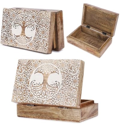 Handgemaakte Houten Decoratieve Sieraden Opbergdoos - Boom van Het Leven Ontwerp - 8x5 Inch