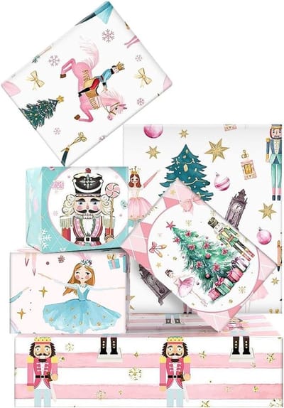 Kerstcadeau inpakpapier met 6 vellen, Nutcracker Prince ballet thema, roze voor feestdagen en verjaardagen, ideaal voor jongens en meisjes