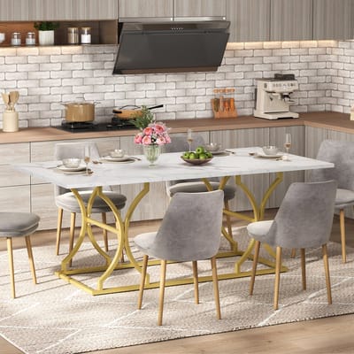 MODENUIT Eettafel - Marmerlook Voor 8-10 Personen - Voor Eetkamer En Open Woonruimte - Wit Goud - 200x80x76 Cm