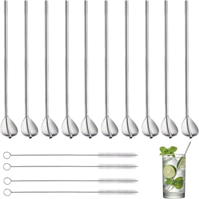 Set van 10 RVS Rietlepels met 4 Reinigingsborstels - Herbruikbare Lepels voor Smoothies, Yogurt en Cocktails