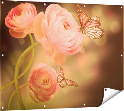 Gards Tuinposter Twee Roze Vlinders bij Roze Rozen - 120x90 cm - Tuindoek - Tuindecoratie - Wanddecoratie buiten - Tuinschilderij