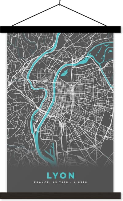 Posterhanger incl. Poster 40x60 cm - Schoolplaat - Lyon - Plattegrond - Kaart - Stadskaart - Frankrijk - Textielposter - Zwarte latten - Stadskaart