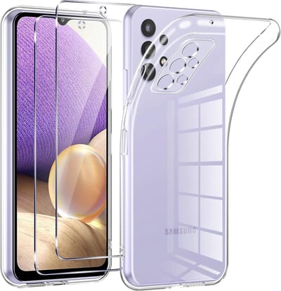 Casemania Hoesje + Glas Geschikt voor Samsung Galaxy A32 4G - Transparant - Siliconen Back Cover - 2x Glazen Screenprotector