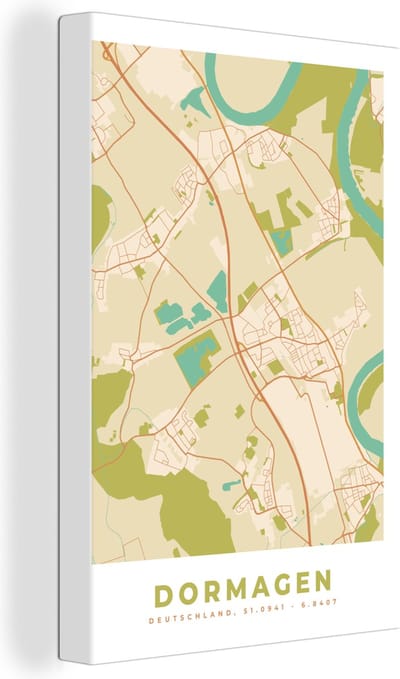 Canvas Schilderij Stadskaart - Vintage - Dormagen - Plattegrond - Kaart - 20x30 cm - Wanddecoratie