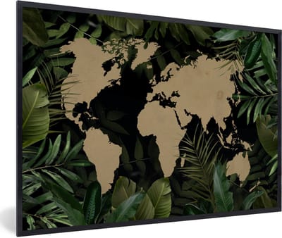 Poster in lijst - Fotolijst 90x60 cm - Posters - Wereldkaart - Bladeren - Bruin - Posterlijst zwart - Decoratie - Wanddecoratie woonkamer - Muurdecoratie slaapkamer