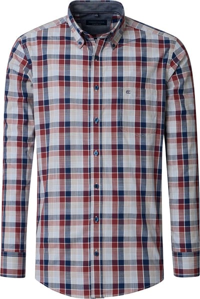 CASA MODA Sport comfort fit overhemd - chambray - blauw met donkerrood en beige geruit - Strijkvriendelijk - Boordmaat: 45 - 46