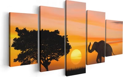 Artaza Canvas Schilderij Vijfluik Olifant Silhouet Tijdens Zonsondergang - 100x50 cm - Wanddecoratie Woonkamer - Schilderijen - Muurdecoratie