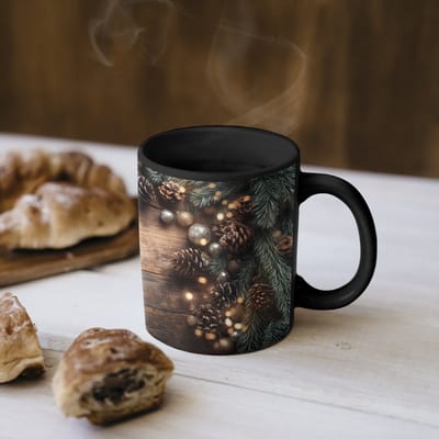 Magische Mok - Foto op Warmte Mokken - Koffiemok - Kersthoekdecoratie - Dennenappels - Lichtjes - Magic Mok - Beker - 350 ML - Theemok