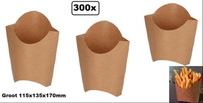 300x BIO Nature kraft frietbak  bruin groot - Patat friet frites bakje snack bak saus take away