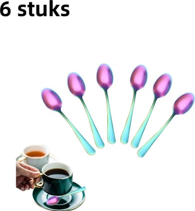 6-delige set - Koffielepel - Dessertlepel - Theelepel - Roestvrij staal - Westerse theelepel - Mini huishoudlepel - Kleurrijk
