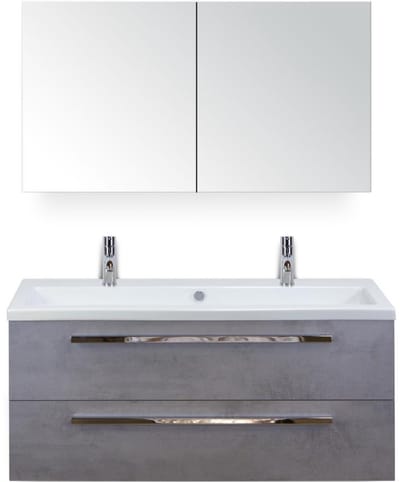 Seville Badmeubelset 120 cm - 2 Laden Beton Antra - Wastafel Djazz Enkel 2 Kraangaten met Spiegelkast