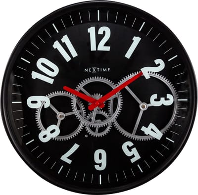 NeXtime Gear Clock – Wandklok – 36 cm – Metaal/Glas – Wit – Bewegende tandwielen